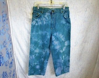 80s 32" Gino Capelli Tie Dye Denim Jeans Shorts Capris Green
