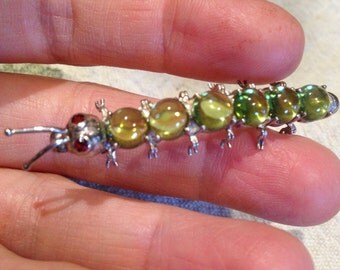 Vintage Handmade Genuine Green Peridot 925 Sterling Silver caterpiller Brooch