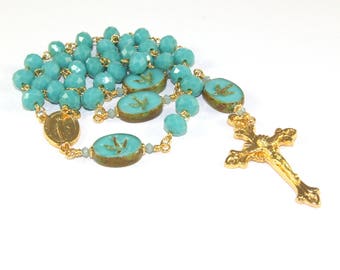 3 Decade Rosary, Miraculous Medal of Our Lady Center, Turquoise Blue & Gold