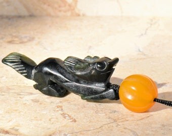 Antique Little Green Jade Dragon Pendant Necklace with Antique Agate Beads by NeoWare