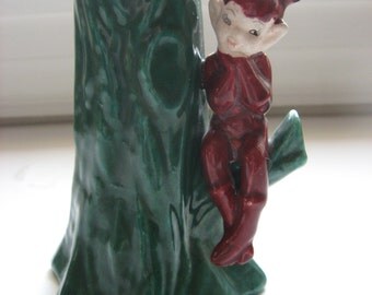 Vintage California Pottery 1950 Hand Painted Pixie Elf Leprechaun Bud Vase// Mid Century Collectible//St. Patrick's Day Decoration//Charming