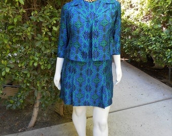 Vintage 1960's Blue & Green Print Dress and Jacket Set - Size 20