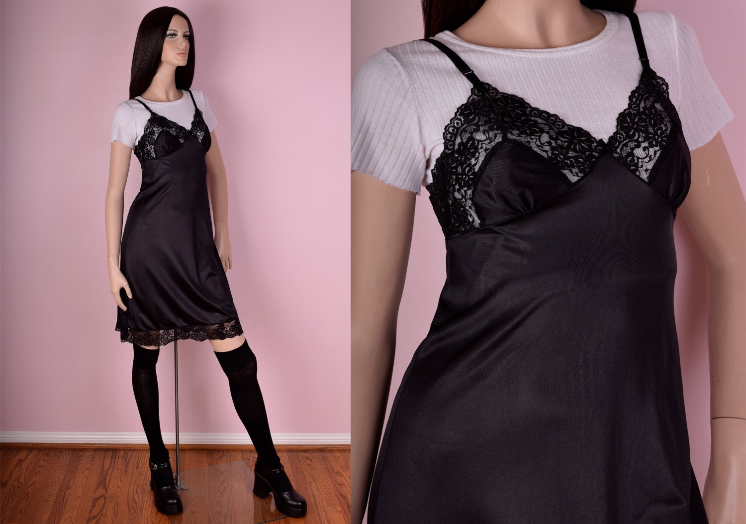 90s Black Slip Dress/ Small/ 1990s/ Lace