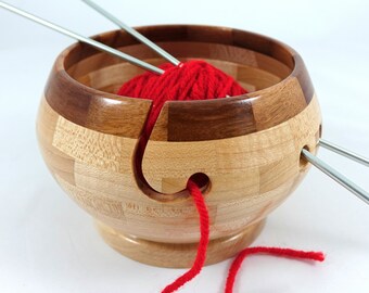 Compact Wooden Knitting and Yarn Bowl, Maple Body with Tigerwood Rim, Lathe Turned