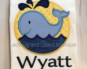 Infant Boy's Whale Short Sleeve Bodysuit with Monogram Size 0/3M, 3/6M, 6/9M, 12M, 18M
