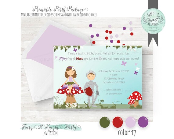 PRINTABLE INVITATION. Woodland Fairy & Knight Birthday Party in red, green and purple. Jpeg or PDF file. Includes Hair Color of Choice Il_570xn
