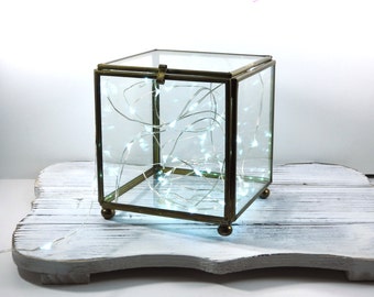 Square Terrarium Glass Box- Brass and Glass Trinket Box- Jewelry Storage