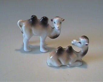 Two vintage 1960's miniature bone china mama and baby camels - Mitaki Japan
