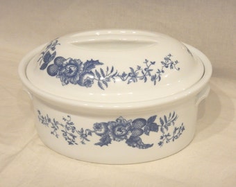 Royal Worcester Rhapsody Oval Covered Casserole Covered Baking Dish White Porcelain-Blue Floral 9 1/8" X 7"