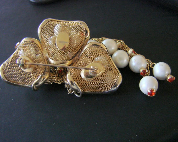 Large Vintage Girandole Pearl Rhinestone Brooch / Multi Chain / Statement Brooch / Orange Rhinestones / Jewelry / Jewellery