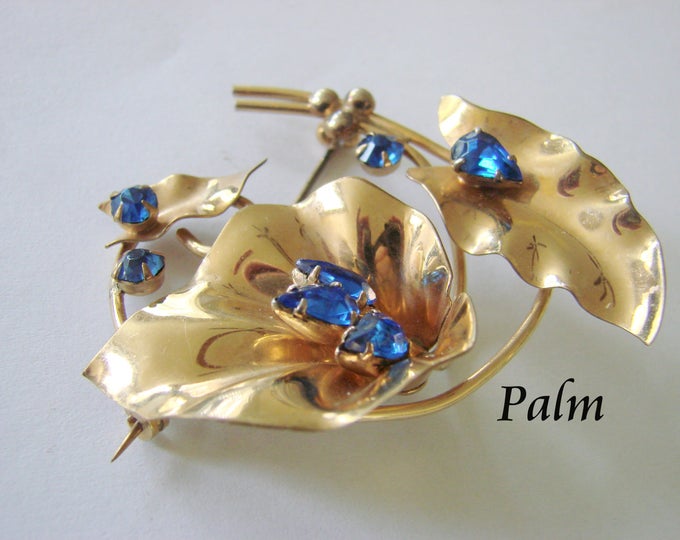 1940s Floral Designer Signed "Palm" Sapphire Rhinestone Gold Filled Brooch / Retro / Vintage Jewelry / Jewellery