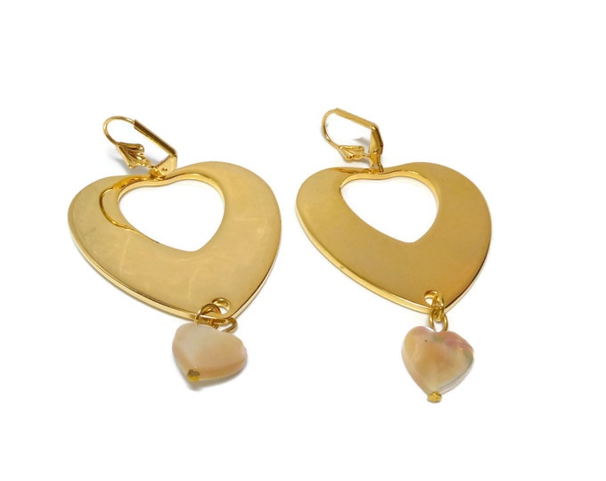 FREE SHIPPING Large heart earrings, gold plated, Mother of Pearl heart dangle, lever back pierced, wedding party, Valentine's Day, 3 on hand