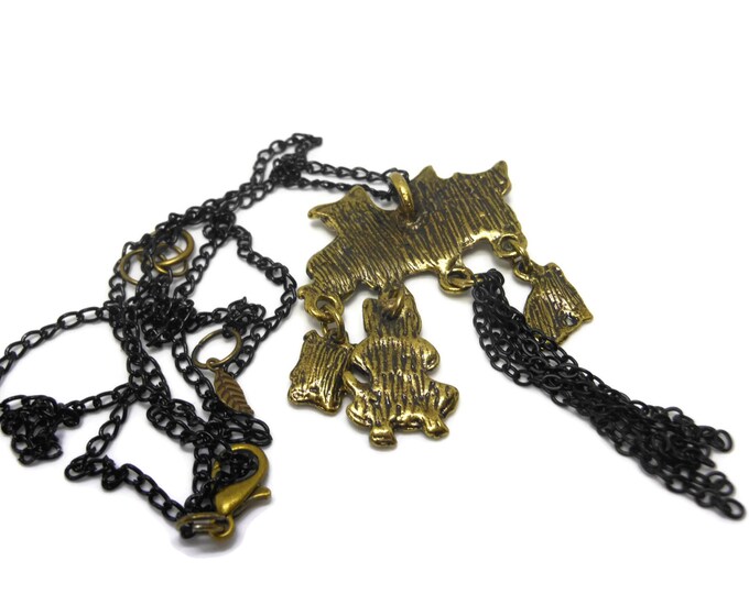 FREE SHIPPING Antiqued brass cats necklace, whimsical 3 kittens playing with 3 'toy' kittens, black chain, black dangles, extender leaf end