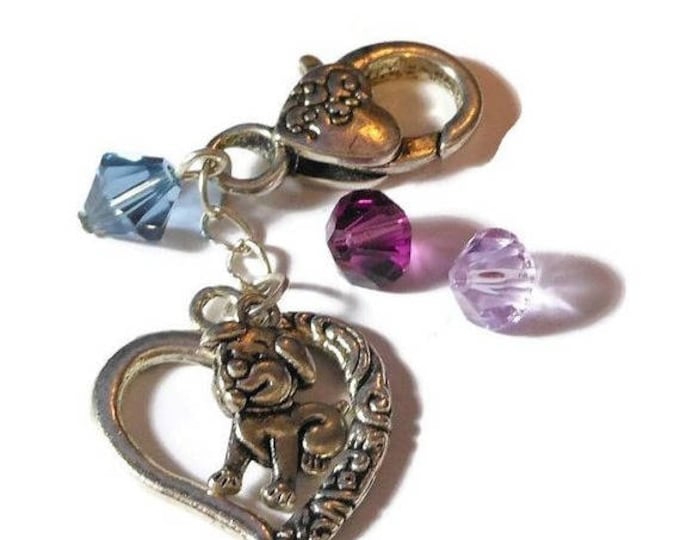 ON HOLD Dog purse clasp, antiqued silver tone dog, Tibetan silver heart charms, Swarovski crystal choice 3 colors, zipper backpack pull,
