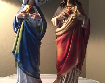 Sacred Heart of Jesus & Sacred Heart of Mary 12" Columbia Chalkware Statues Made in Italy