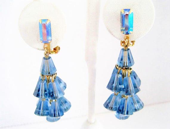 Blue Lucite Cha Cha Earrings - AB Rhinestone Lobe - Vintage Clip Ons