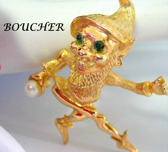 Marcel Boucher Brooch - Vintage Elf Pixie - Signed Boucher 7458 - Green Eyed Pin