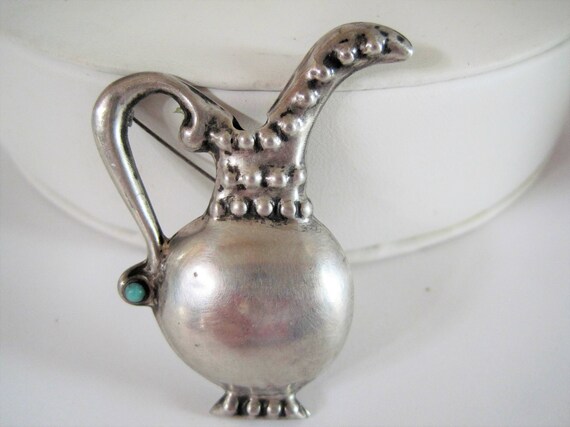 Mexico Sterling Silver Brooch - Tall Vase Ewer - Signed Mexico Sterling