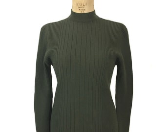vintage 1990's VERSACE V2 ribbed sweater / olive green / mock turtleneck / wool blend / 90's style / women's vintage sweater / tag size XL