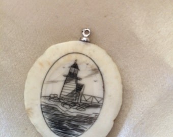 Vintage Lighthouse Scrimshaw / Signed Lighthouse Scrimshaw / Collectible Art