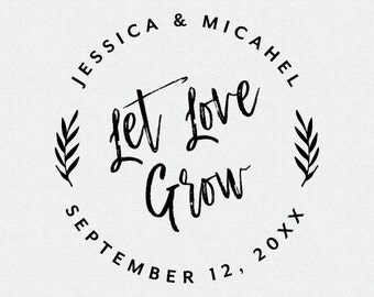 Let Love Grow Wedding Favor Stamp, Self Inking Stamp, Wood Stamp, Circle Wedding Stamp, Brush Calligraphy, For Wedding Seed Favors (T405)