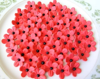30 RED BLOSSOMS with Black Center Pearl / Gum Paste Flowers / Edible Cake Topper and Cupcake Decorations