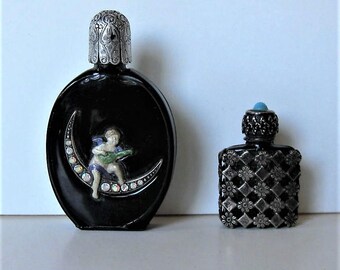 2 small Vintage Perfume Bottles, Made in France, Art Deco, black, silver filigree, winged cupid, rhinestone moon, vanity decor, gift idea,