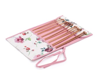 Knitting needle roll filled with bamboo knitting needles, flower knitting needle holder, gift for knitter, knitting needle case, UK shop