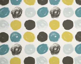 Teal Yellow Grey Geometric Cotton Upholstery Fabric - Modern Teal Lined Curtains - Large Polka Dot Fabric - Teal Yellow Throw Pillow Cover
