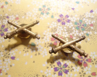 2 Brass Army Military Crossed Cannon Lapel Pins