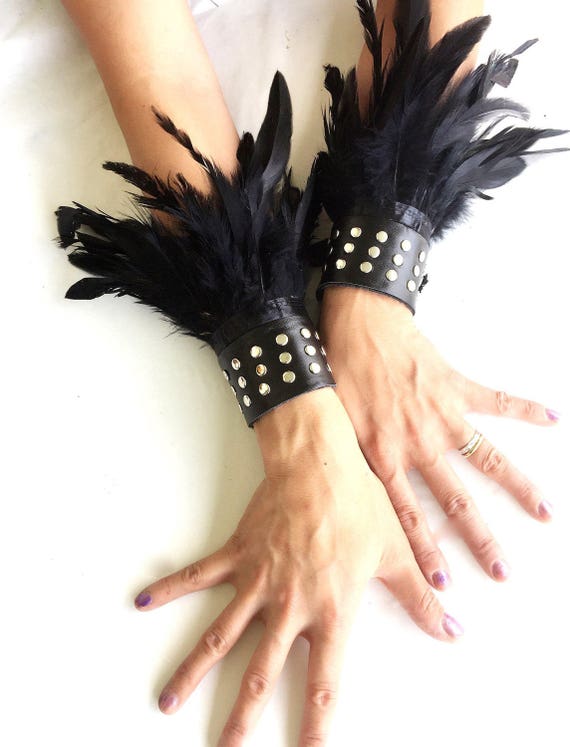 Gothic Black Feather Wrist Cuffs Victorian Burlesque Fantasy