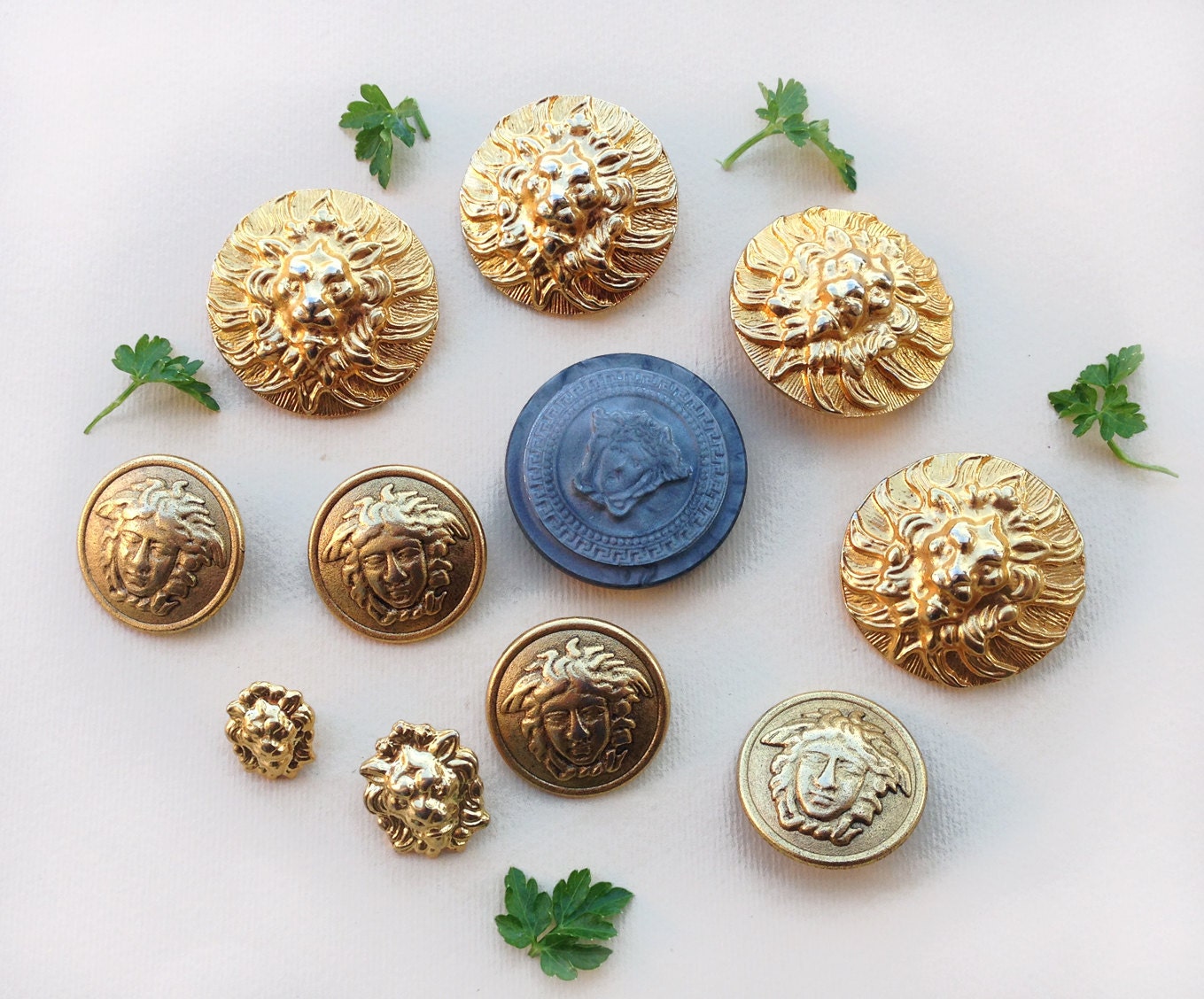 designer vintage buttons set / Versace Medusa and lion head 80s heavy