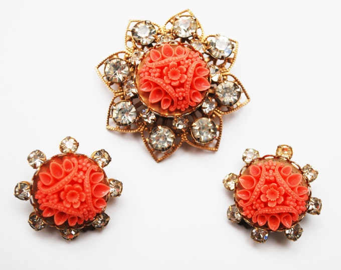 Celluloid Flower brooch and matching earrings set - Coral molded CelluloidPlastic - Rhinestone - Gold Filigree -