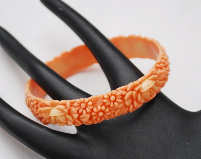 Orange Celluloid Bangle - vintage plastic - Flower Bracelet 1930s