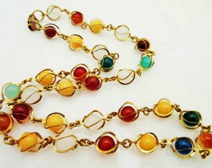 Gemstone Bead Necklace - Caged gold tone metal - polished quartz jasper carnelian and Agate beads