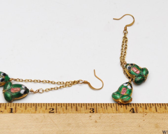 Dangle Frog Earrings - Enamel cloisonne - green gold pink white - drop pierced earring