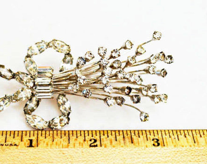 Rhinestone Flower spray brooch- ice crystal -Mid Century flora pin