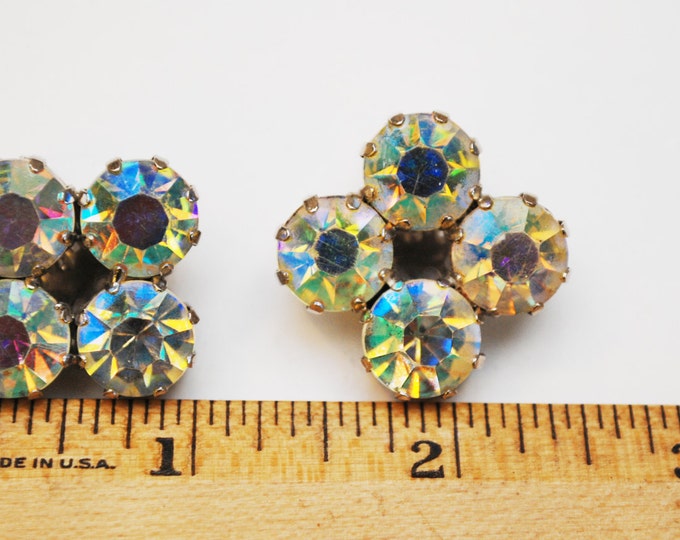 Rhinestone clip on earrings - Aurora Borealis AB crystal - Diamond design - Wedding Bride - Prom Bling