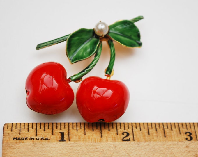 Cherry Brooch - Signed Original by Robert - Red Green Enamel on metal - Fruit figurine pin