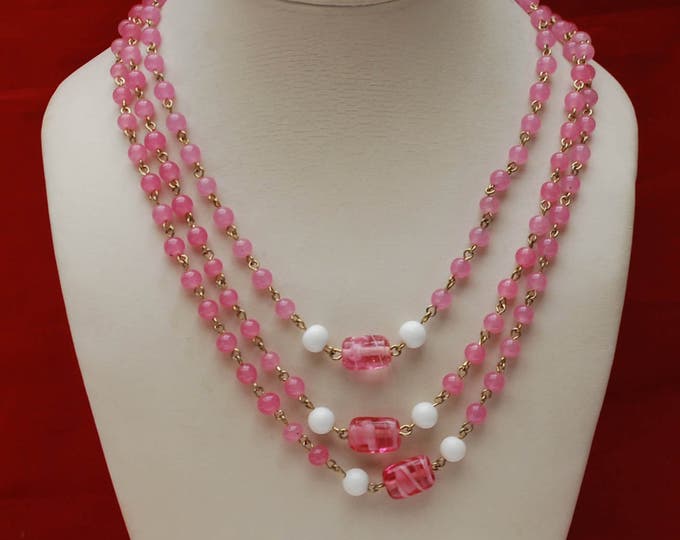 Coro Long Bead Necklace - Pink art glass beads - White milk glass - Signed - Mod century Vintage - 60 inches