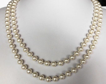 Faux Pearl Rope Necklace Opera Length Cream White 70s Long