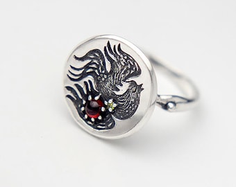Sterling Silver Phoenix Ring, Flying Bird Ring, Garnet Cabochon Ring, Red Stone Ring, Fire Bird Jewelry