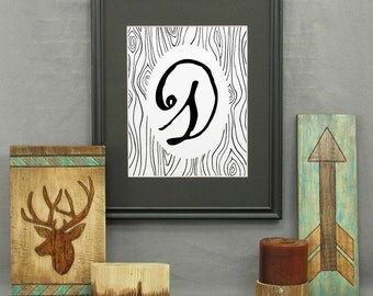 Large Letter D Print, printable letter art, letters, typography, monogram art, modern rustic décor, alphabet, poster, initials, wood grain