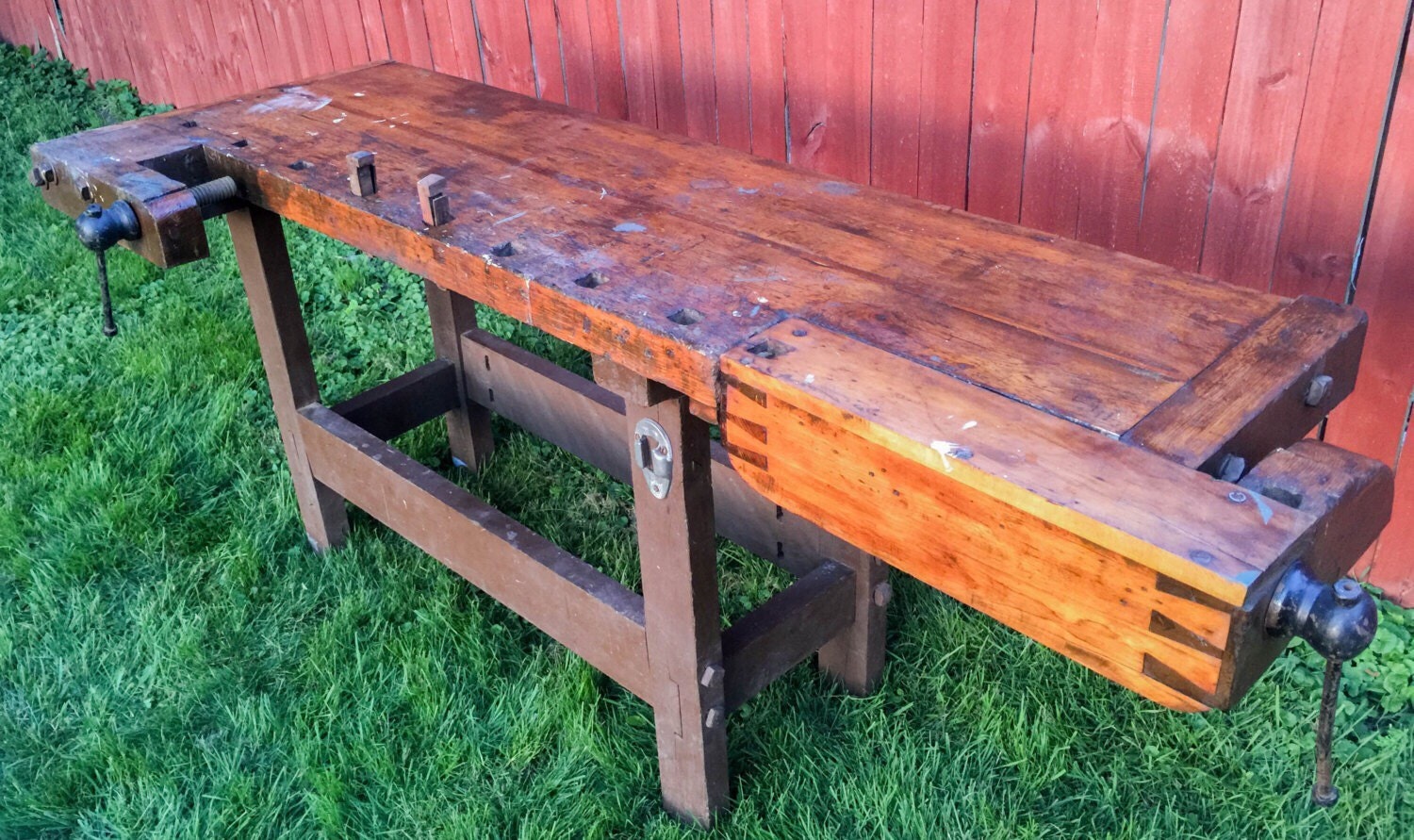 RESERVED Antique Workbench Carpenters Work Table with Vices