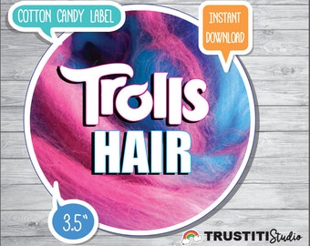 TROLLS COTTON CANDY Label, Trolls Hair, Trolls Favor labels, Valentines favors, Birthday Favors
