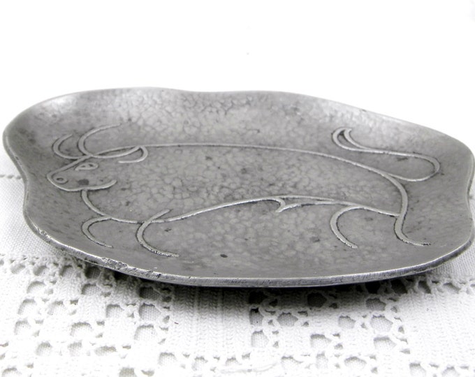 Vintage French Mid Century Modern Cast Pewter Dish / Ashtray From the Pyrenees Image of Prehistoric Bison, Signed, Cave Drawings, Lascaux
