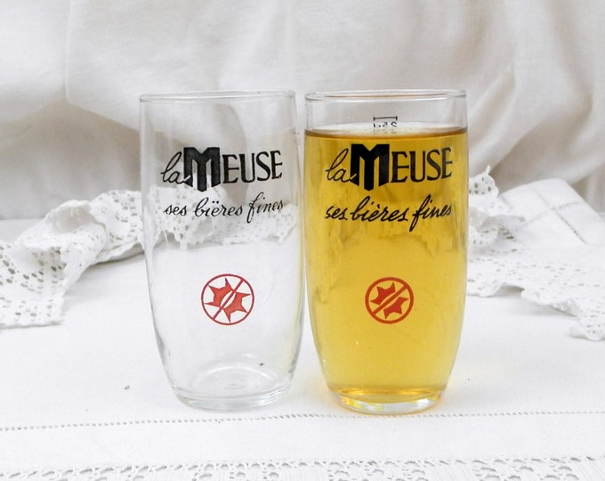 2 Vintage Mid Century French Beer Glasses Biere "La Meuse", A Pair of Glasses, Bistro, Pub, Man Cave, France, Retro, Collectible, Drinking