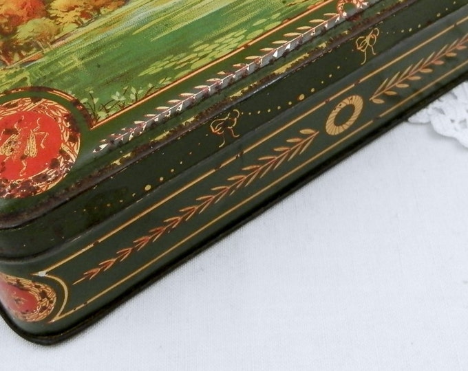 Antique French Rectangular Cookie Metal Tin with a Classical Watercolor Style illustration, Candy, Sweet Box, French Country Decor, Chateau
