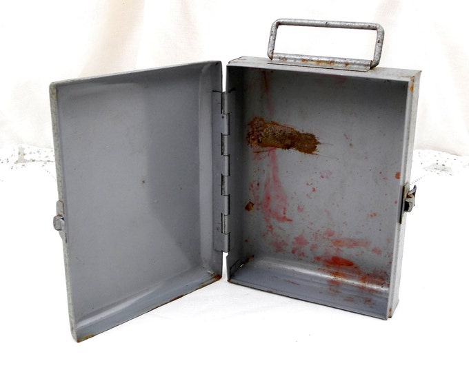 Vintage French Mid Century Metal First Aid Grey Tin, Industrial, Retro, Home, Interior, Brocante, Hipster, Medical, Nursing, Green Cross