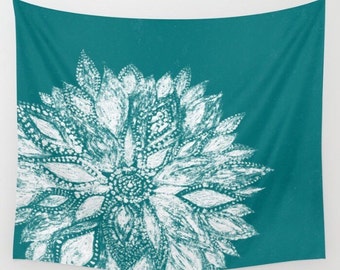 Teal Flower Wall Tapestry, green wall tapestry, dorm room decor, flower wall tapestry, teal white tapestry, teal wall tapestry
